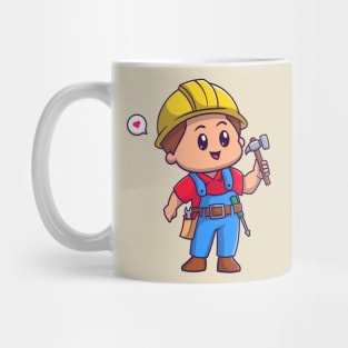 Cute Handyman Holding Hammer Cartoon Mug